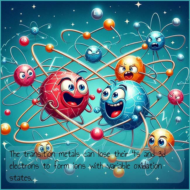 Cartoon style image to highlight the fact that transition metals can have a variable oxidation state.